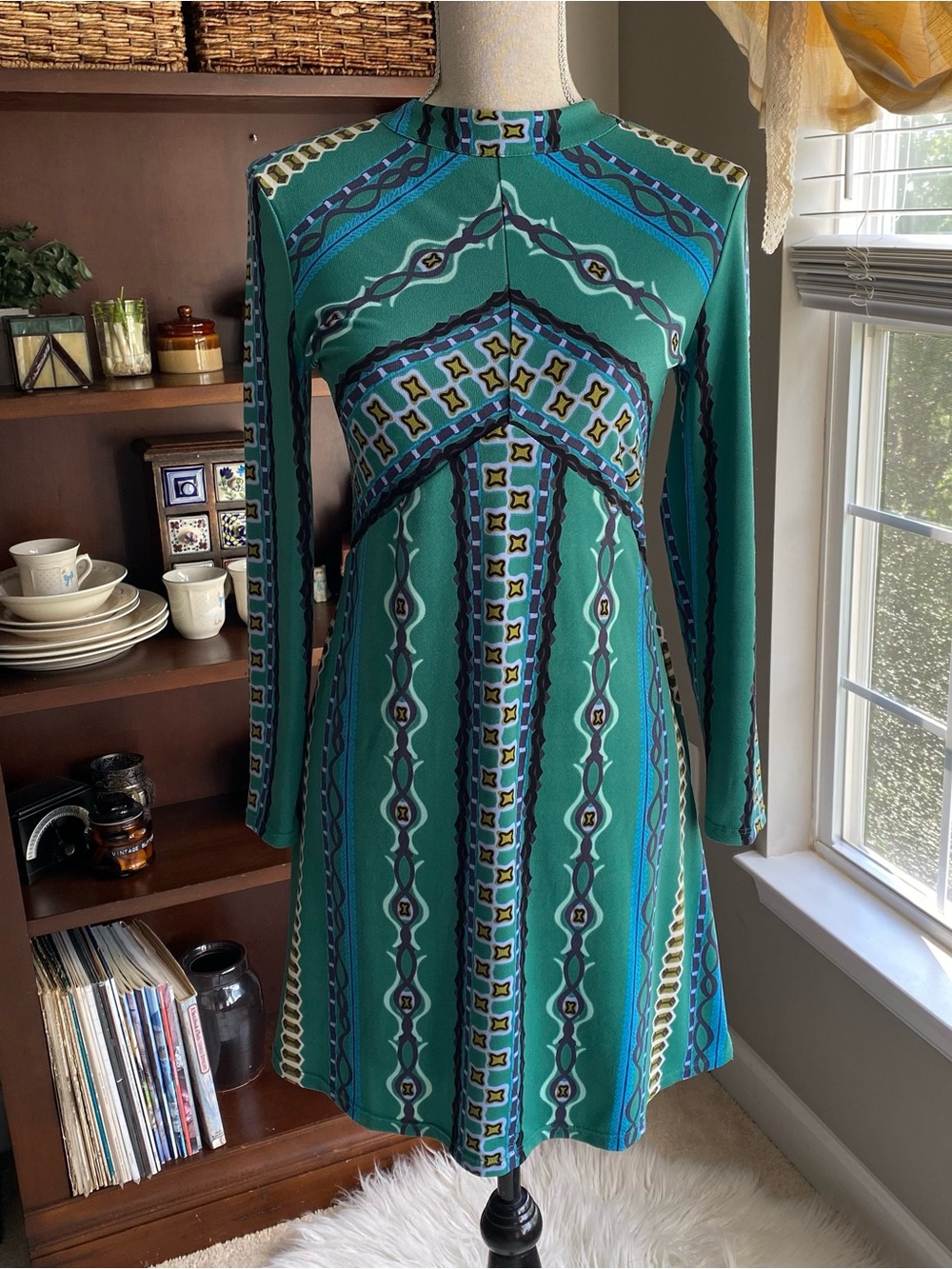 Free People Green Geo-Print Long Sleeve A-Line Dress Woman’s Small